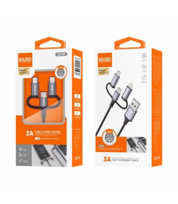 1.2M USB 3-in-1 Aluminum Nylon Cable - C01A | Duradero, Fast & Universal Charging-Negro - Imagen 3