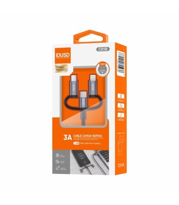 1.2M USB 3-in-1 Aluminum Nylon Cable - C01A | Duradero, Fast & Universal Charging-Negro - Imagen 4
