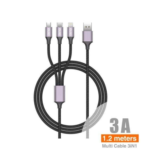1.2M Aluminum Nylon Charging Cable – USB 1A 3-in-1 | Duradero & Versatile - C02A-Negro