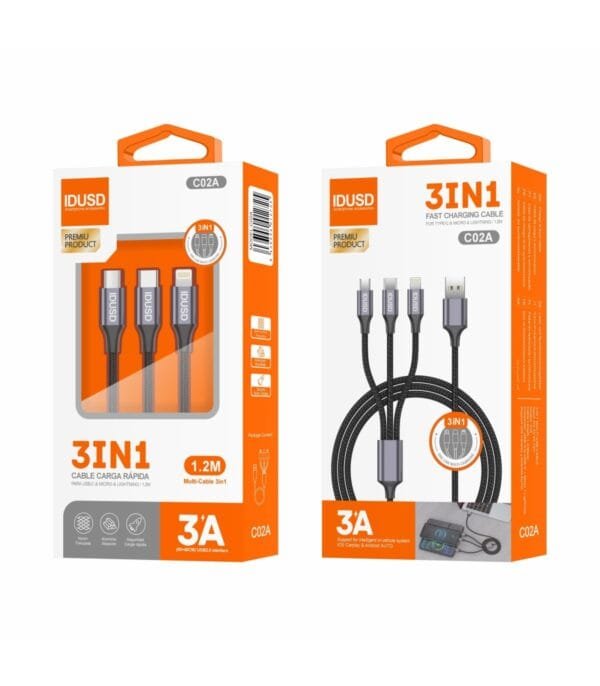 1.2M Aluminum Nylon Charging Cable – USB 1A 3-in-1 | Duradero & Versatile - C02A-Negro - Imagen 3