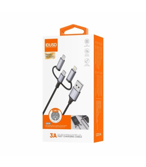 1.2M USB 3-in-1 Aluminum Nylon Cable - C01A | Duradero, Fast & Universal Charging-Negro - Imagen 5