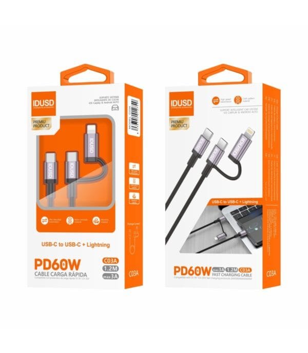 1.2M Aluminum Nylon PD Carga Rápida Cable – 2-in-1 | Duradero & Efficient - C03A-Negro - Imagen 4