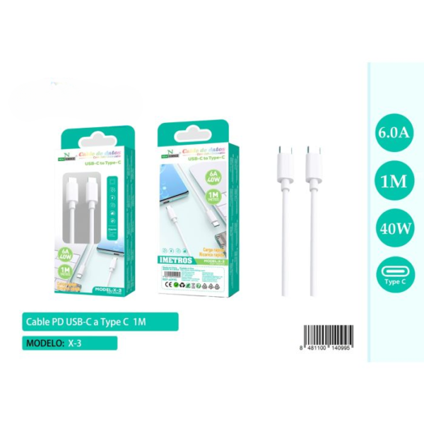 🔌⚡ Cable PD USB-C to Type-C 6A/40W | 1M 📏📱💨 Model: X-3 🚀