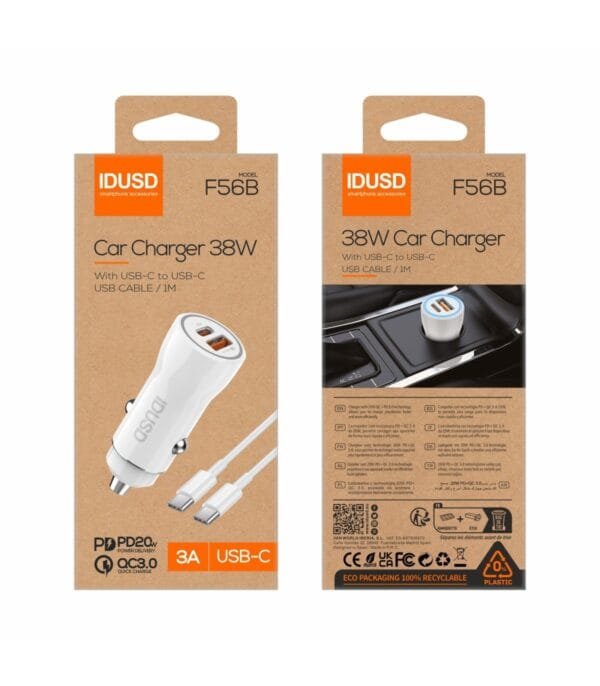 🚗 38W PD+QC Fast Car Cargador with PD USB-C - F56B ⚡-Blanco - Imagen 5