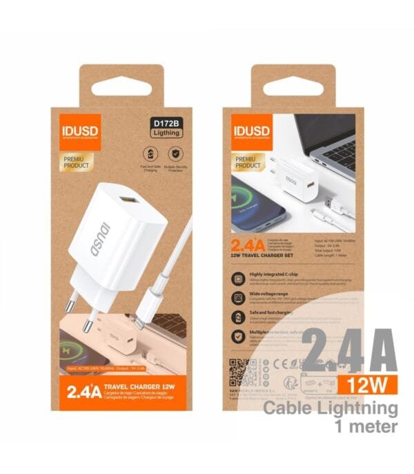 ⚡ ECO Cargador 2.4A + 🔌 Lightning Cable 1M – D172B-Blanco - Imagen 3