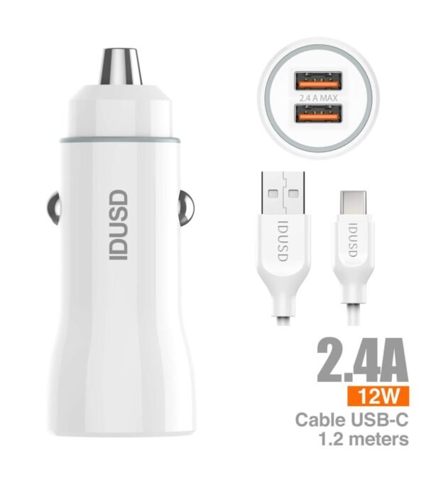 🚗 2-Port 2.4A Car Cargador + Type-C Cable – Fast & Reliable Charging (F23B) ⚡-