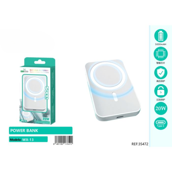 🔋⚡ Power Bank 5000mAh 20W | Model: WX-13 with Wireless Charging (White) 📱🔌🚀