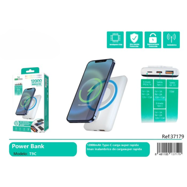 🔋⚡ Power Bank 12000mAh with Wireless Charging + PD 22.5W/USB 15W | Model: T9C (White) 📱🔌🚀