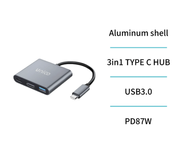 UNICO Hub USB Tipo C 3 en 1 – HDMI, USB 3.0 y Carga PD-1532 ⚡ - Imagen 3