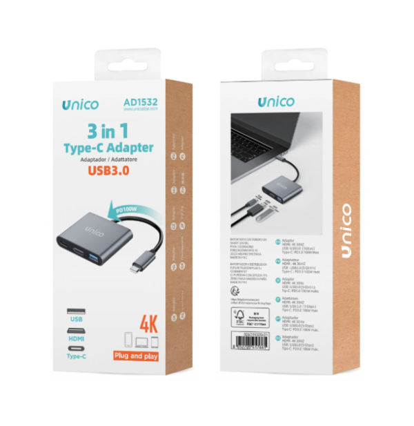 UNICO Hub USB Tipo C 3 en 1 – HDMI, USB 3.0 y Carga PD-1532 ⚡ - Imagen 4