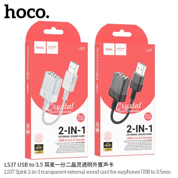 🔊🎧 Hoco LS37 – Adaptador USB-A a 2 salidas Jack 3.5mm (Cristalina)