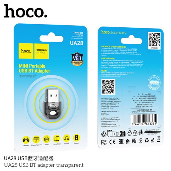 Hoco UA28 Mini Portable USB Bluetooth Adapter – Negro Transparent 🖥️🔌📶🖱️✨