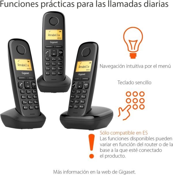 Gigaset A170 Trio - Teléfonos Inalámbricos DECT con Pantalla Iluminada, Fácil Uso e Instalación, Versión Española Pack de 3- Color Negro 📱 - Imagen 3