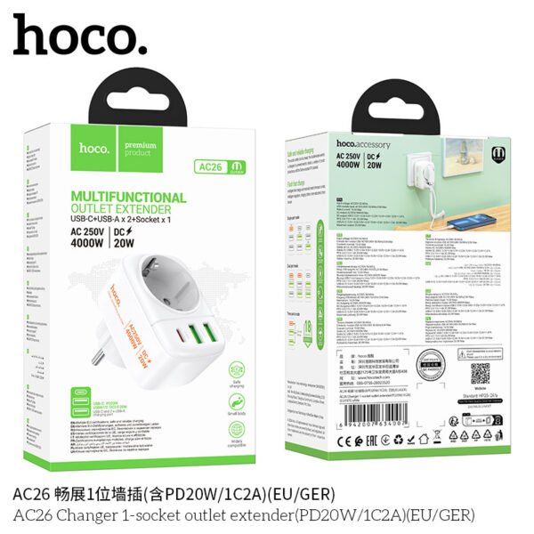 🔌 Regleta Compacta Hoco AC26 – 3 Tomas + 3 USB (Color Blanco)