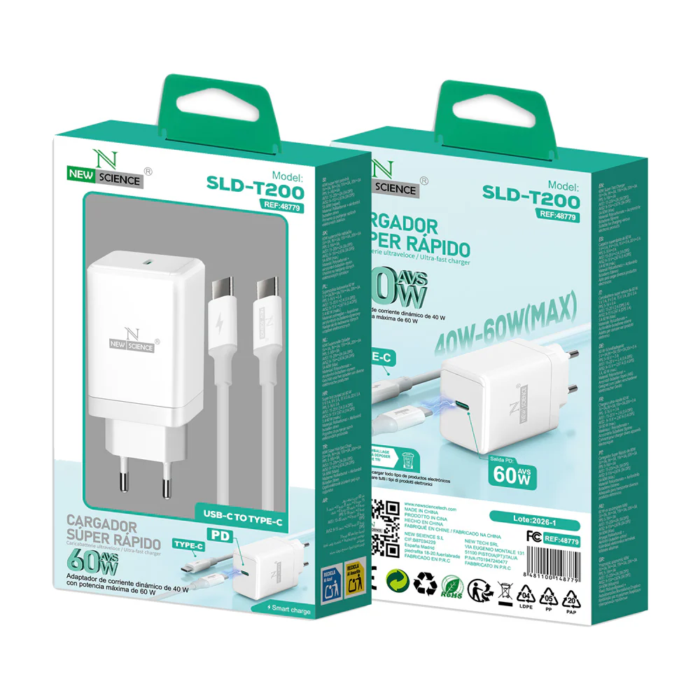 Cargador Rápido USB-C 60W AVS SLD-T200 – Potencia y Versatilidad con Cable Incluido-Blanco