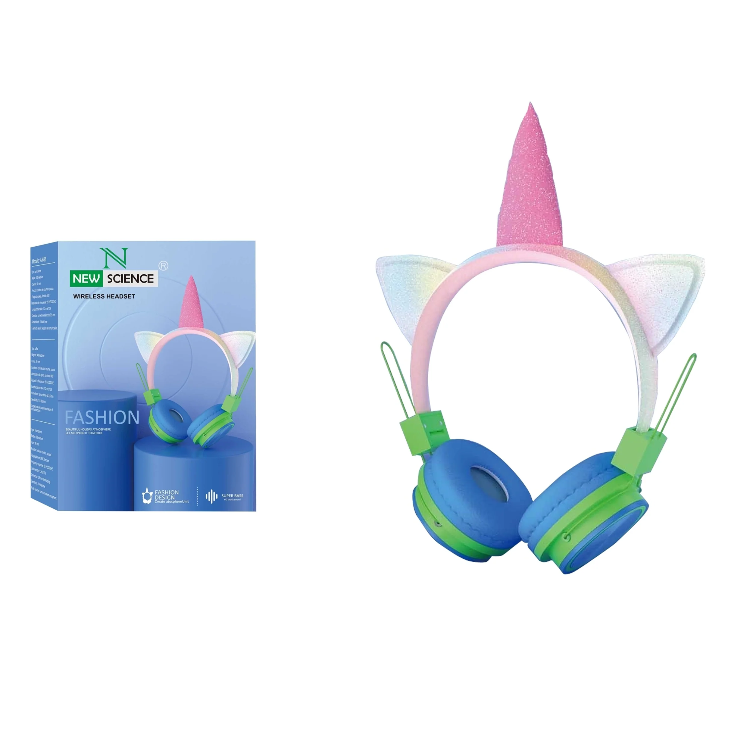 Auriculares de Unicornio para Niños A-638 🦄 | Cable Jack 3.5mm con Limitador de Volumen Seguro 🎧 | Diseño Brillante y Ajustable ✨