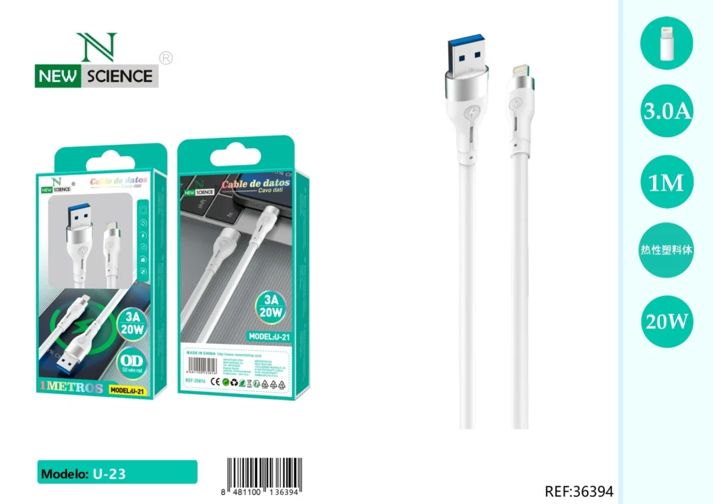 📱⚡ Cable para iPhone 3.0A 🔌 20W ⚡ OD 5.0 🌀 Wire Rod 📏 Modelo: U-21 ✅