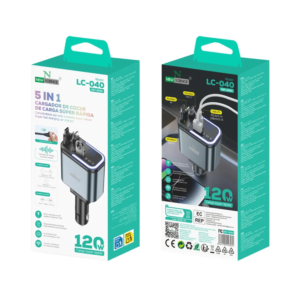 π Cargador de Coche 5 en 1 120W con Cables RetrΓ‘ctiles LC-040