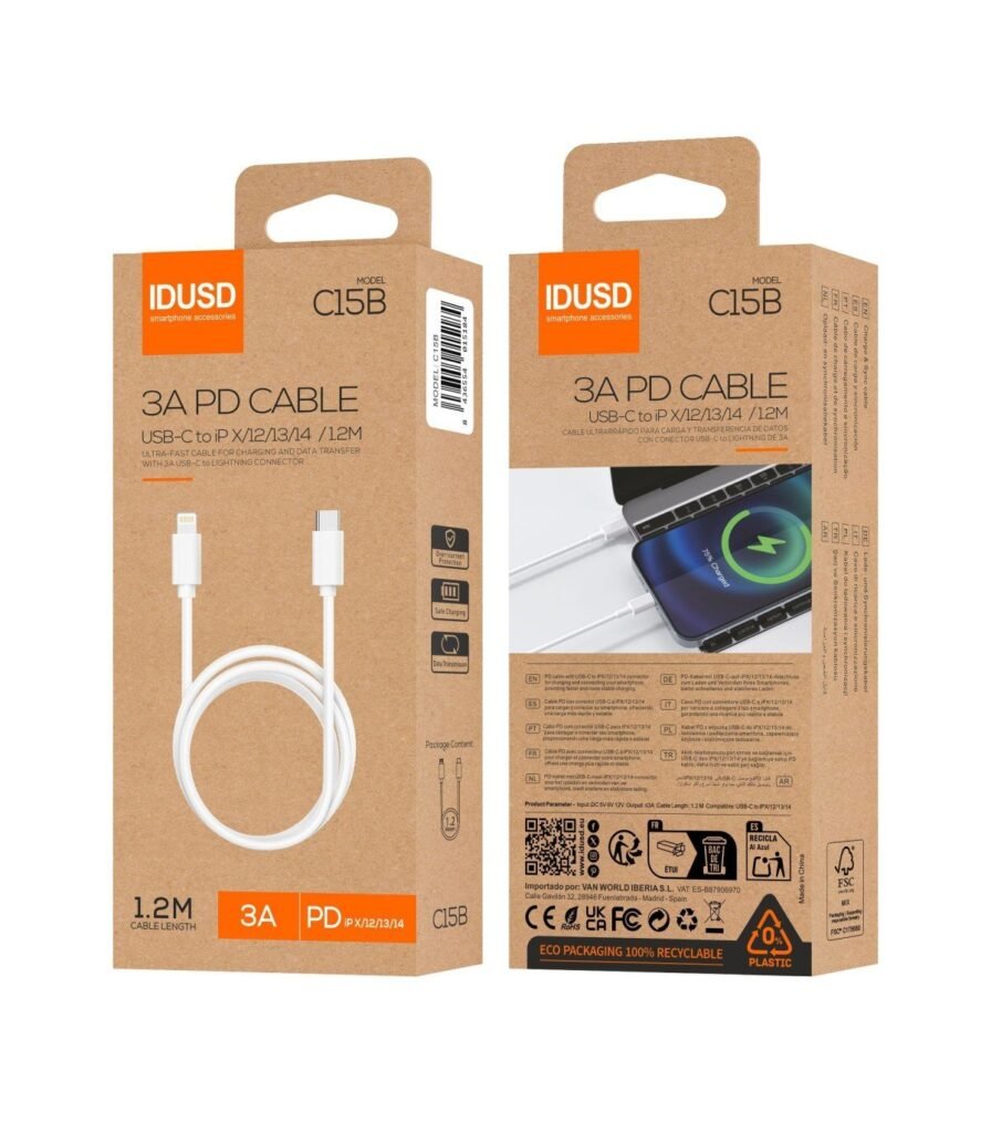 ⚡ Cable Eco USB-C a Lightning PD 3A (C15B) – Carga Rápida y Sostenible