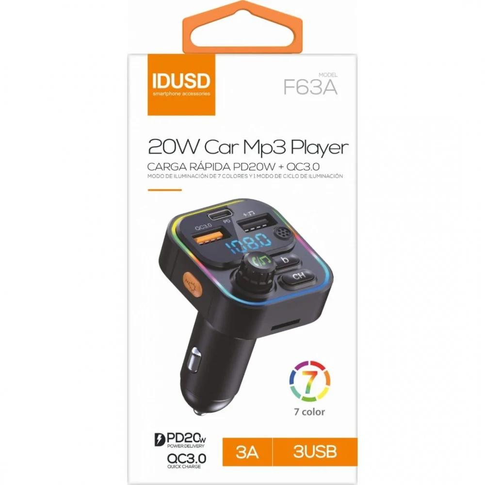 🚗🎶 IDUSD F63A Transmisor FM Bluetooth para Auto – Carga Rápida 20W PD + QC 3.0