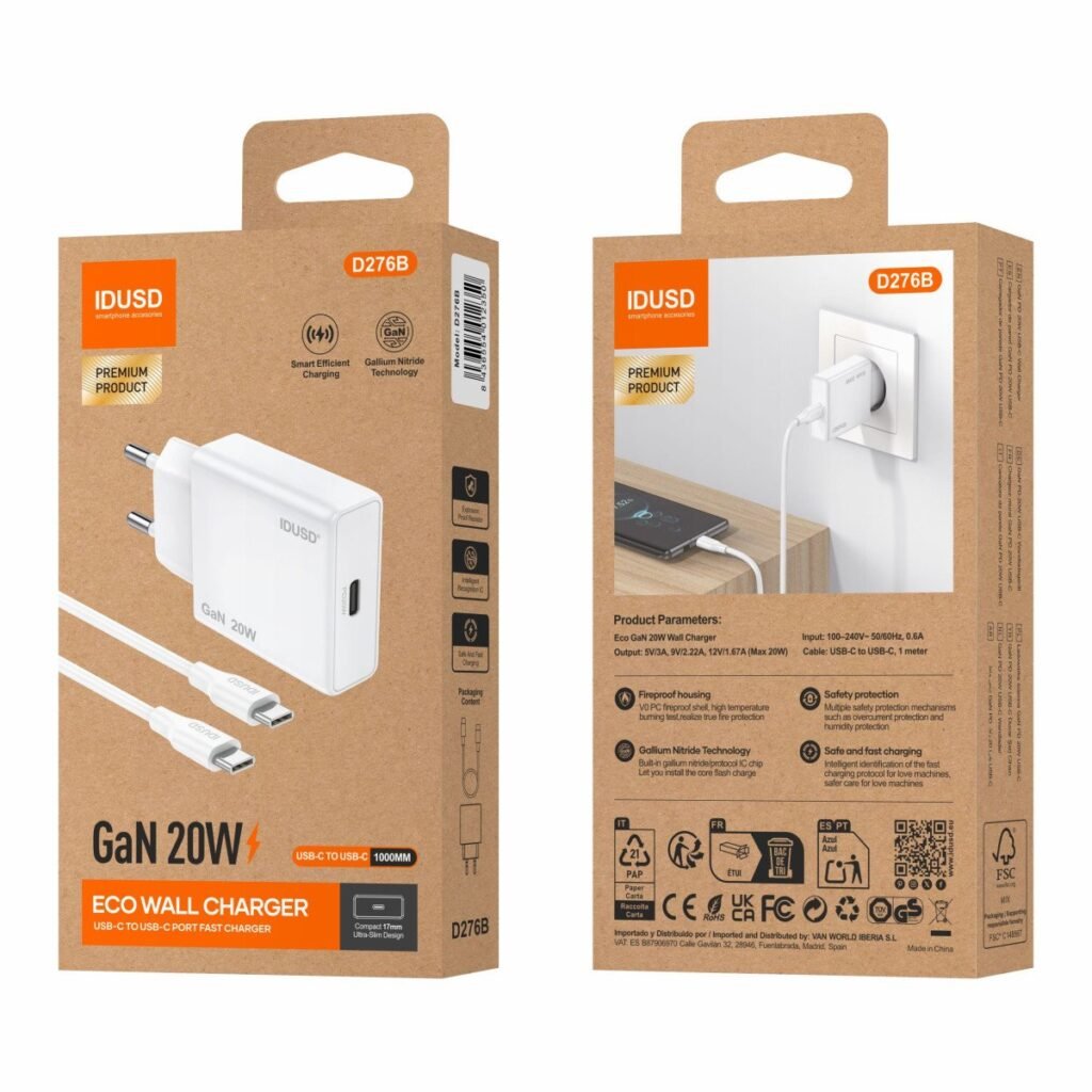 ⚡ Cargador GaN USB-C PD 20W + Cable USB-C a USB-C 1M | Carga Rápida | Blanco | Modelo D276B