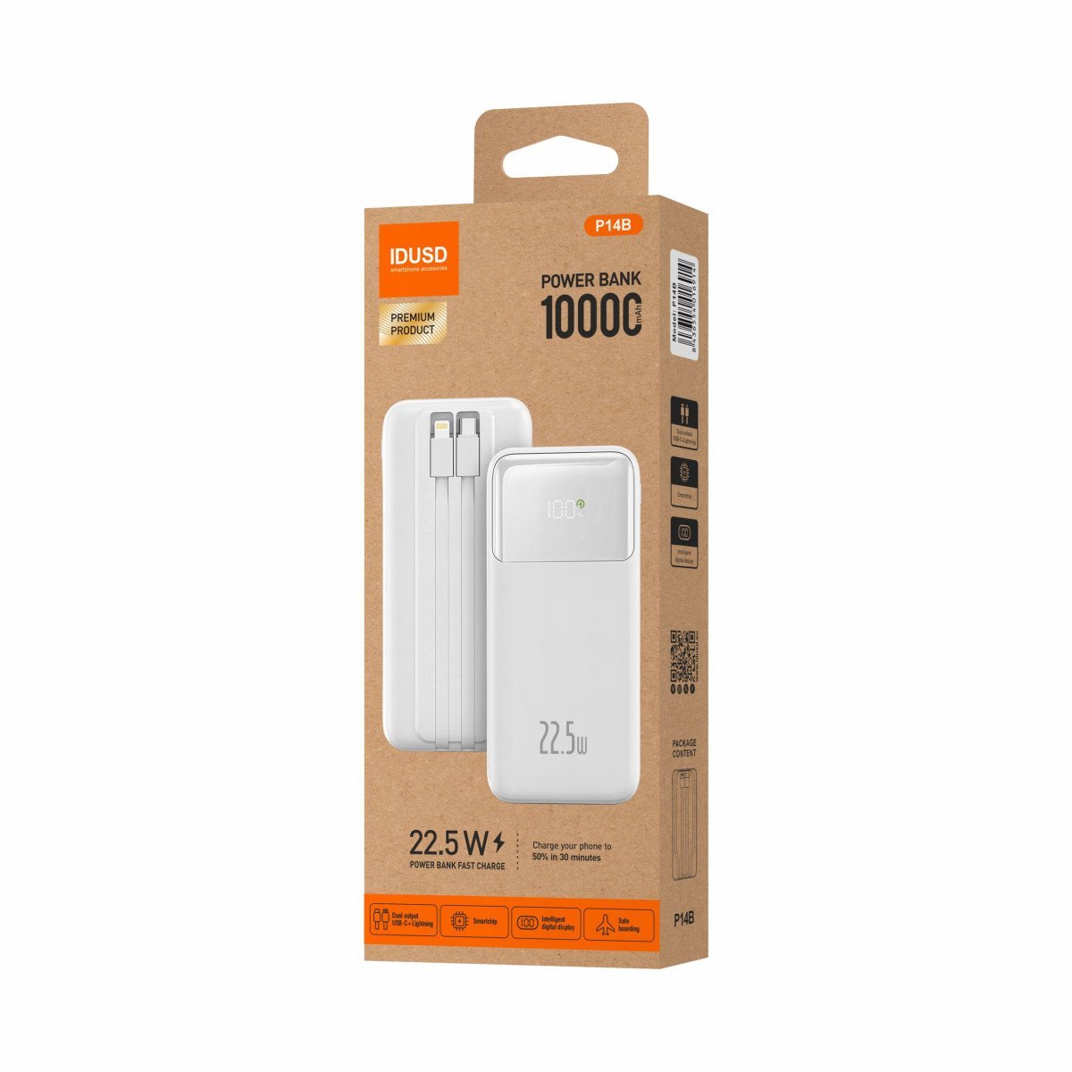 🤍🔋Eco Power Flow 10,000mAh 22.5W P14B White Cloud ⚡Power Bank with Integrated Cables♻️ - Imagen 3