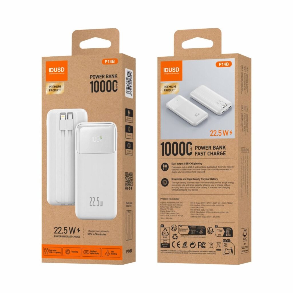 🤍🔋Eco Power Flow 10,000mAh 22.5W P14B White Cloud ⚡Power Bank with Integrated Cables♻️