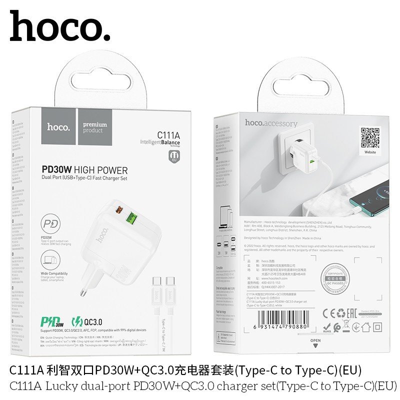 ⚡️ HOCO C111A Cargador Rápido PD 30W Doble Puerto (Modelo C111A)