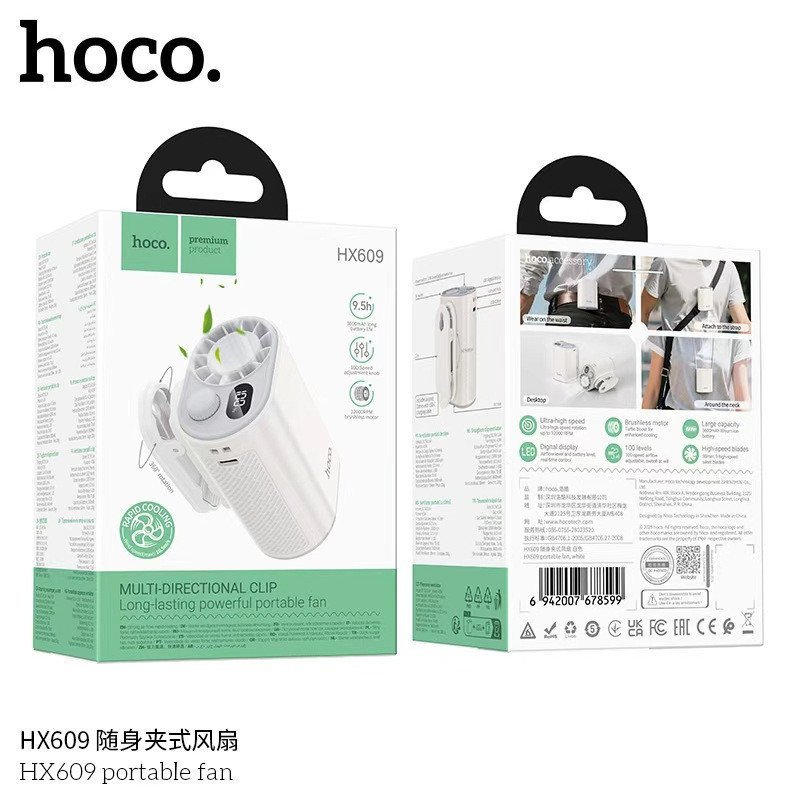 HOCO HX609 Ventilador Portátil con Clip, Pantalla Digital y Batería de 3600 mAh