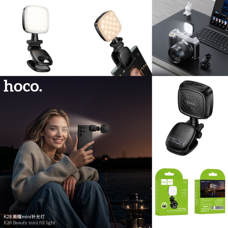 💡 Hoco K28 – Mini Fill Light (Warm/Cool/White • 9 Levels • 2–5h Use)