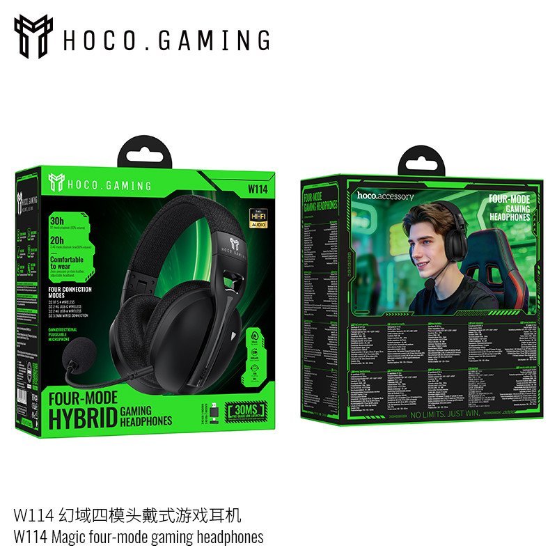 Audífonos Gamer Inalámbricos Hoco W114 | 4 Modos de Conexión (2.4G + Bluetooth 5.4 + Cable) | Drivers de 50mm y Hasta 30 Horas de Batería
